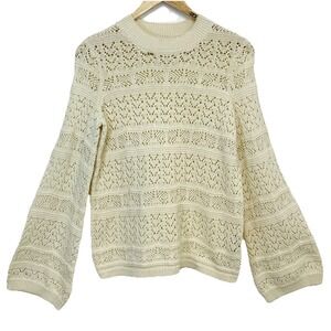 LTS Open Knit Neutral Sweater Woman Sz‎ 10 Long Flare Sleeve Layer Casual Boho
